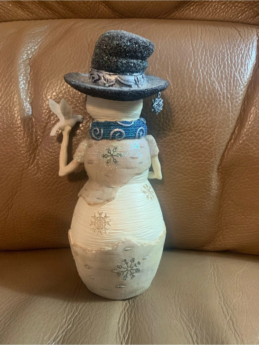 White Snowman Figurine with Blue Scarf — Peace on Earth Holiday Decor